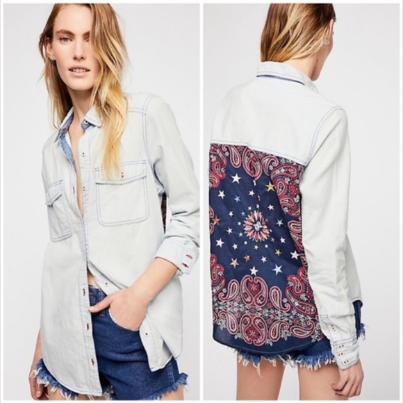 Free People Tops - free people | bandana bandit buttondown top blue